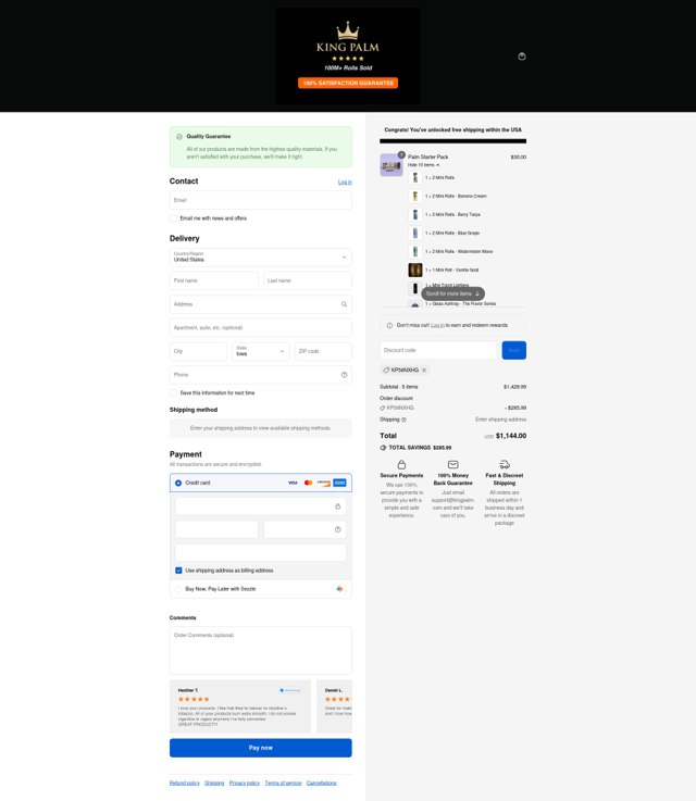 King Palm checkout page showing King Palm promo code box | Screenshot taken by SimplyCodes community member on Sep 7, 2025