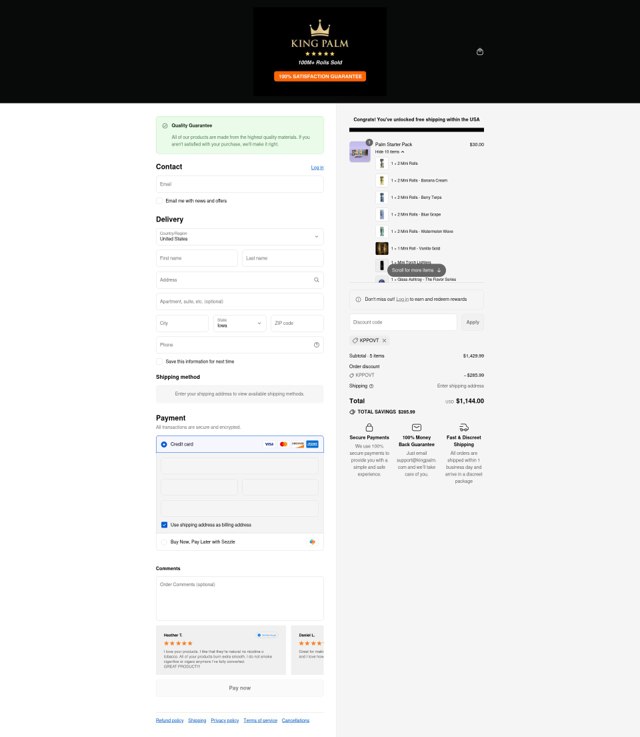 King Palm checkout page showing King Palm promo code box | Screenshot taken by SimplyCodes community member on Sep 7, 2025