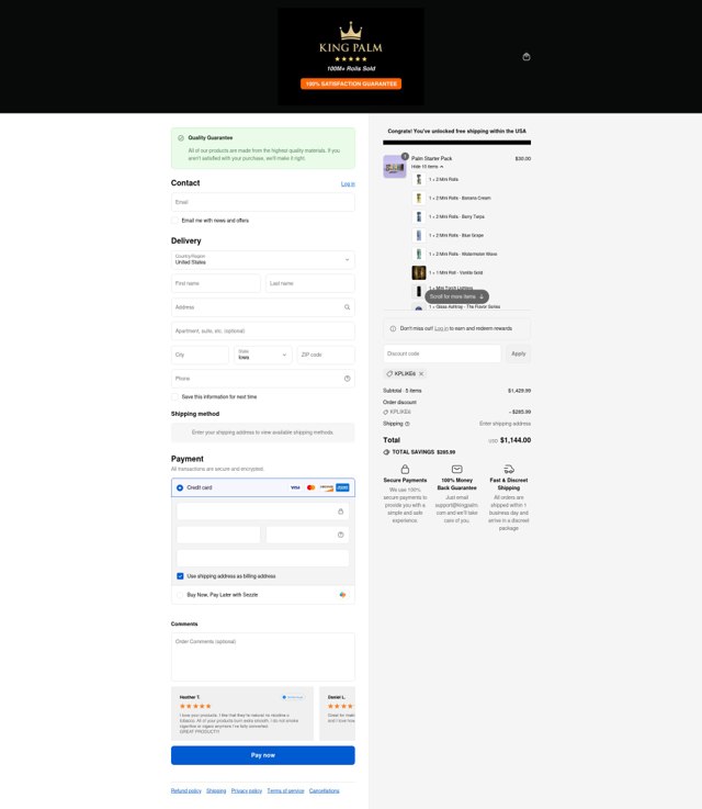 King Palm checkout page showing King Palm promo code box | Screenshot taken by SimplyCodes community member on Sep 7, 2025