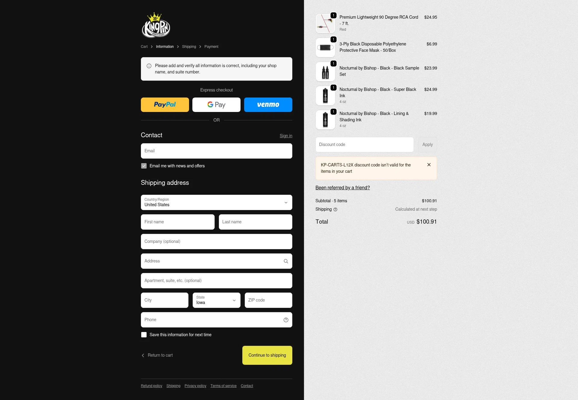 Kingpin Tattoo Supply checkout page showing Kingpin Tattoo Supply discount code box | Screenshot taken by SimplyCodes community member on Feb 14, 2026