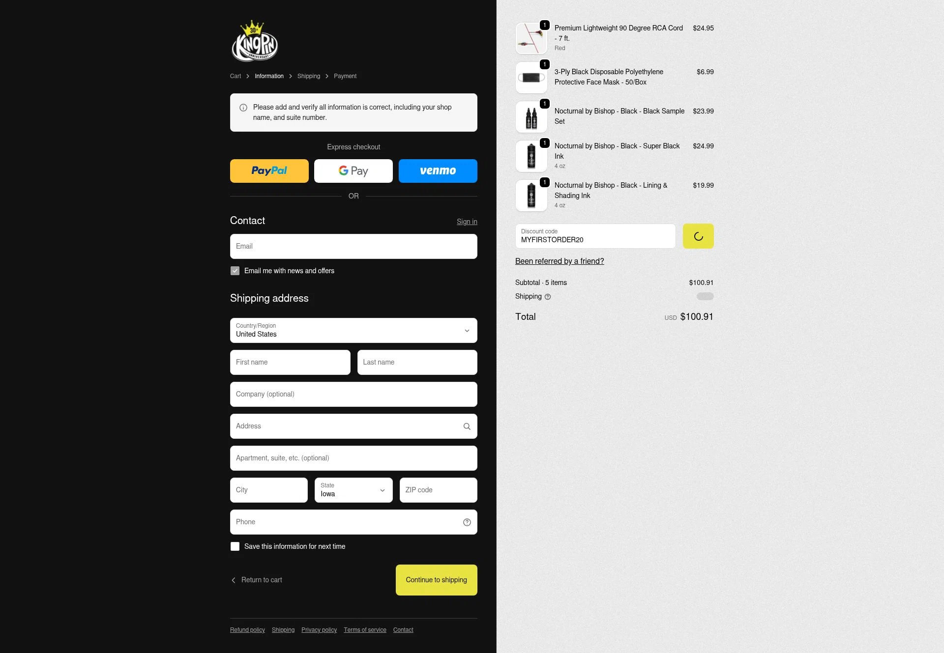 Kingpin Tattoo Supply checkout page showing Kingpin Tattoo Supply discount code box | Screenshot taken by SimplyCodes community member on Feb 14, 2026
