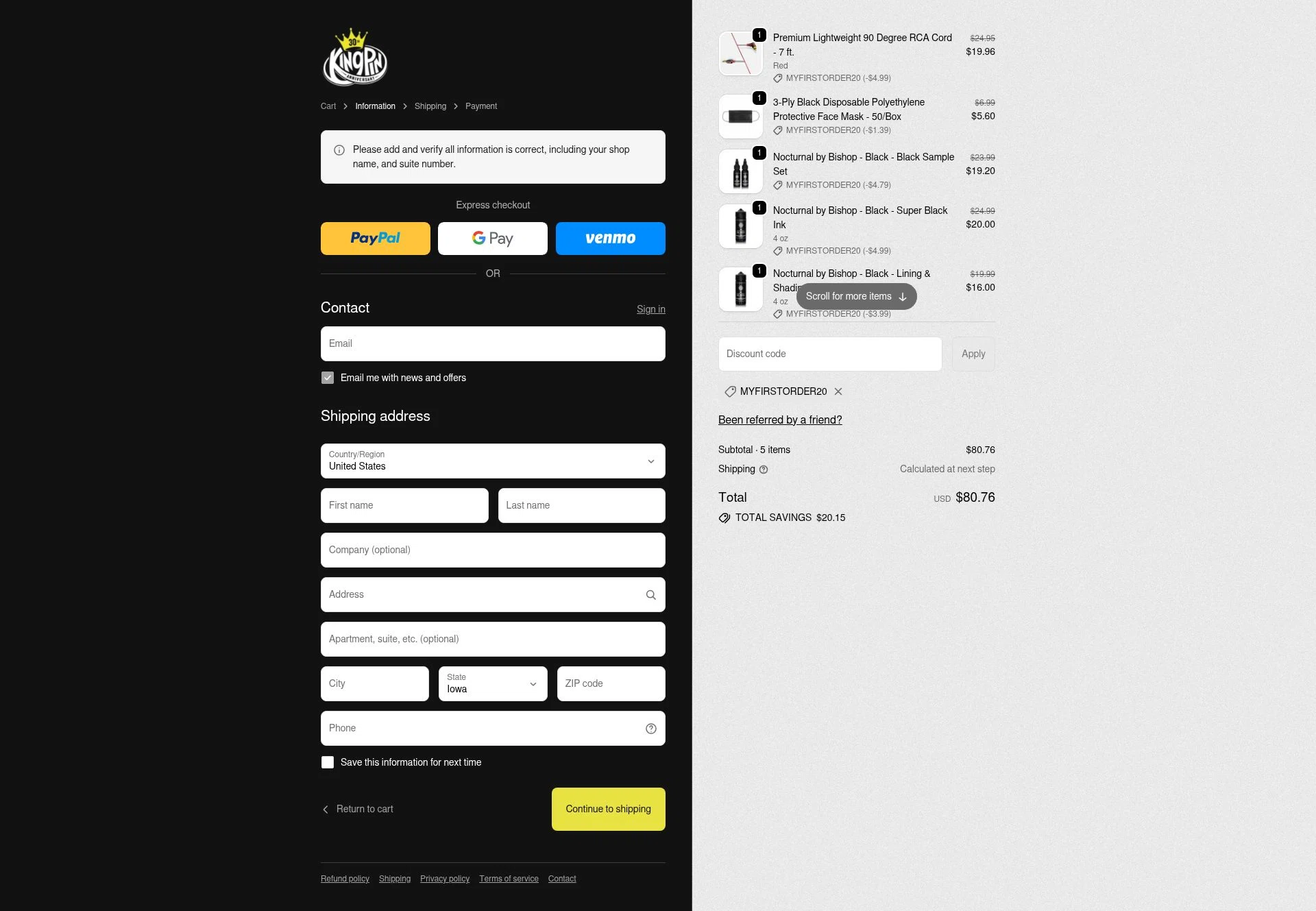 Kingpin Tattoo Supply checkout page showing Kingpin Tattoo Supply discount code box | Screenshot taken by SimplyCodes community member on Feb 10, 2026