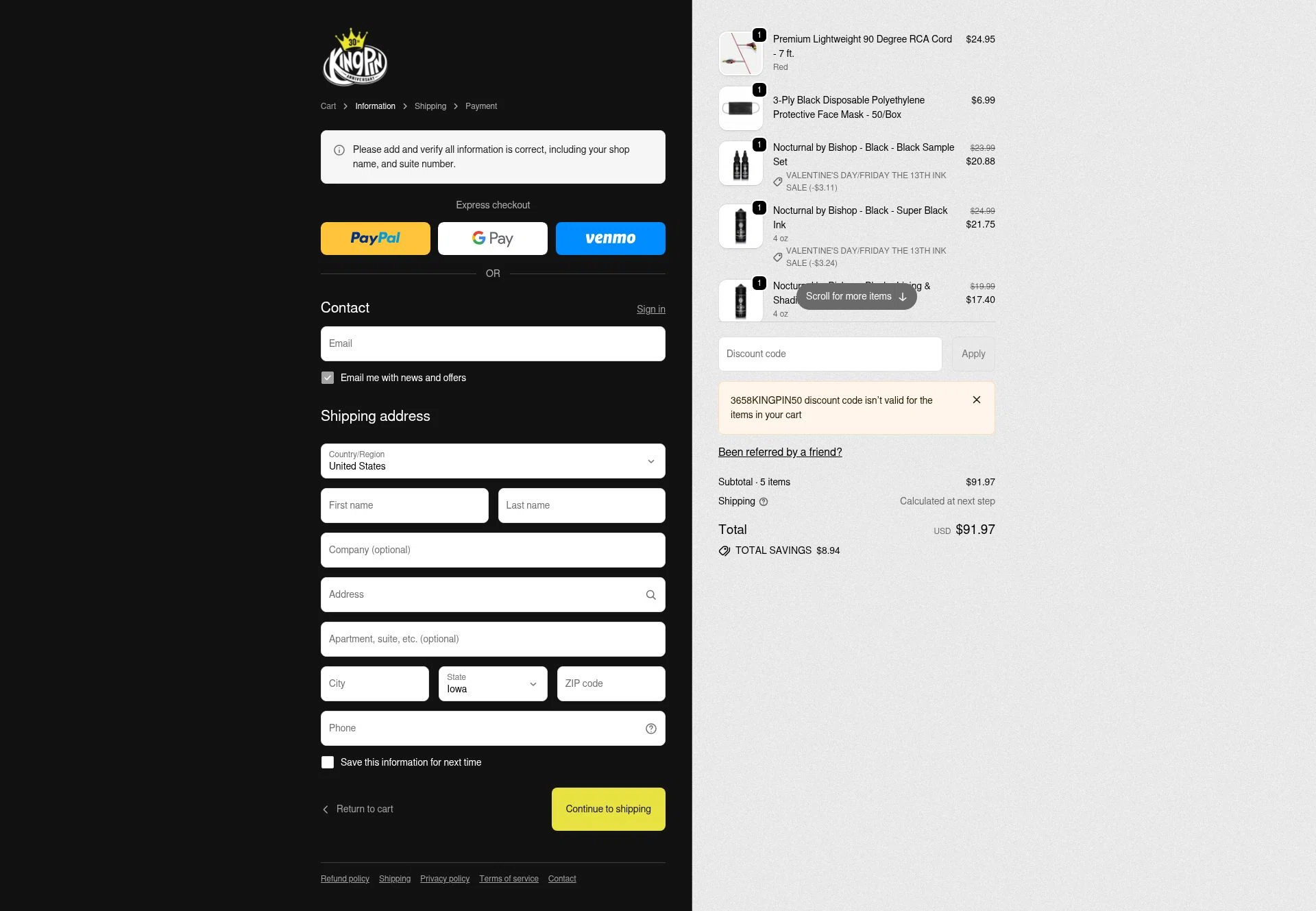Kingpin Tattoo Supply checkout page showing Kingpin Tattoo Supply discount code box | Screenshot taken by SimplyCodes community member on Feb 10, 2026
