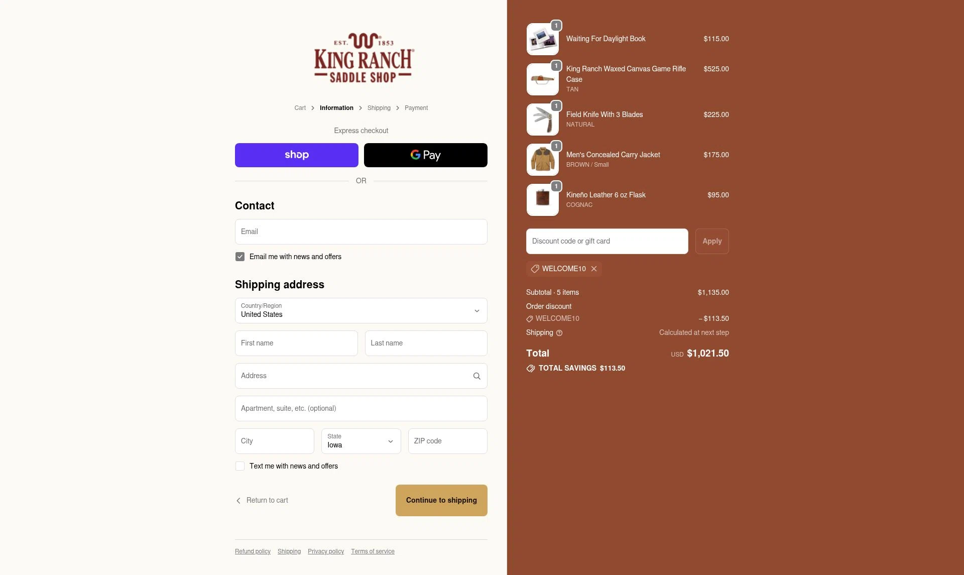 King Ranch Saddle Shop checkout page showing King Ranch Saddle Shop promo code box | Screenshot taken by SimplyCodes community member on Jan 17, 2026