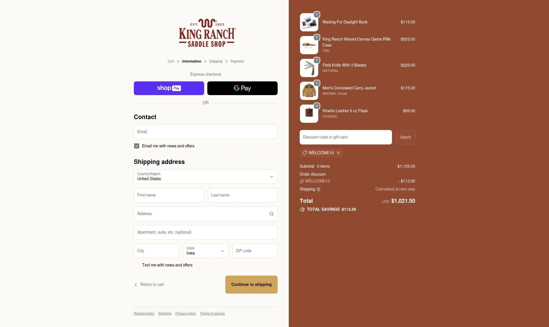 King Ranch Saddle Shop checkout page showing King Ranch Saddle Shop promo code box | Screenshot taken by SimplyCodes community member on Jan 12, 2026