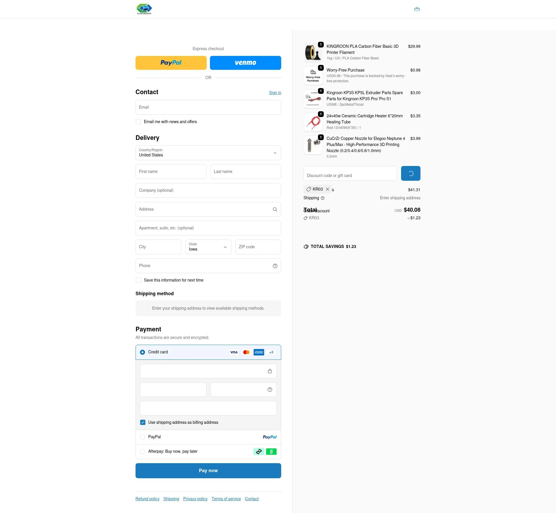 Kingroon 3D checkout page showing Kingroon 3D promo code box | Screenshot taken by SimplyCodes community member on Jan 2, 2026