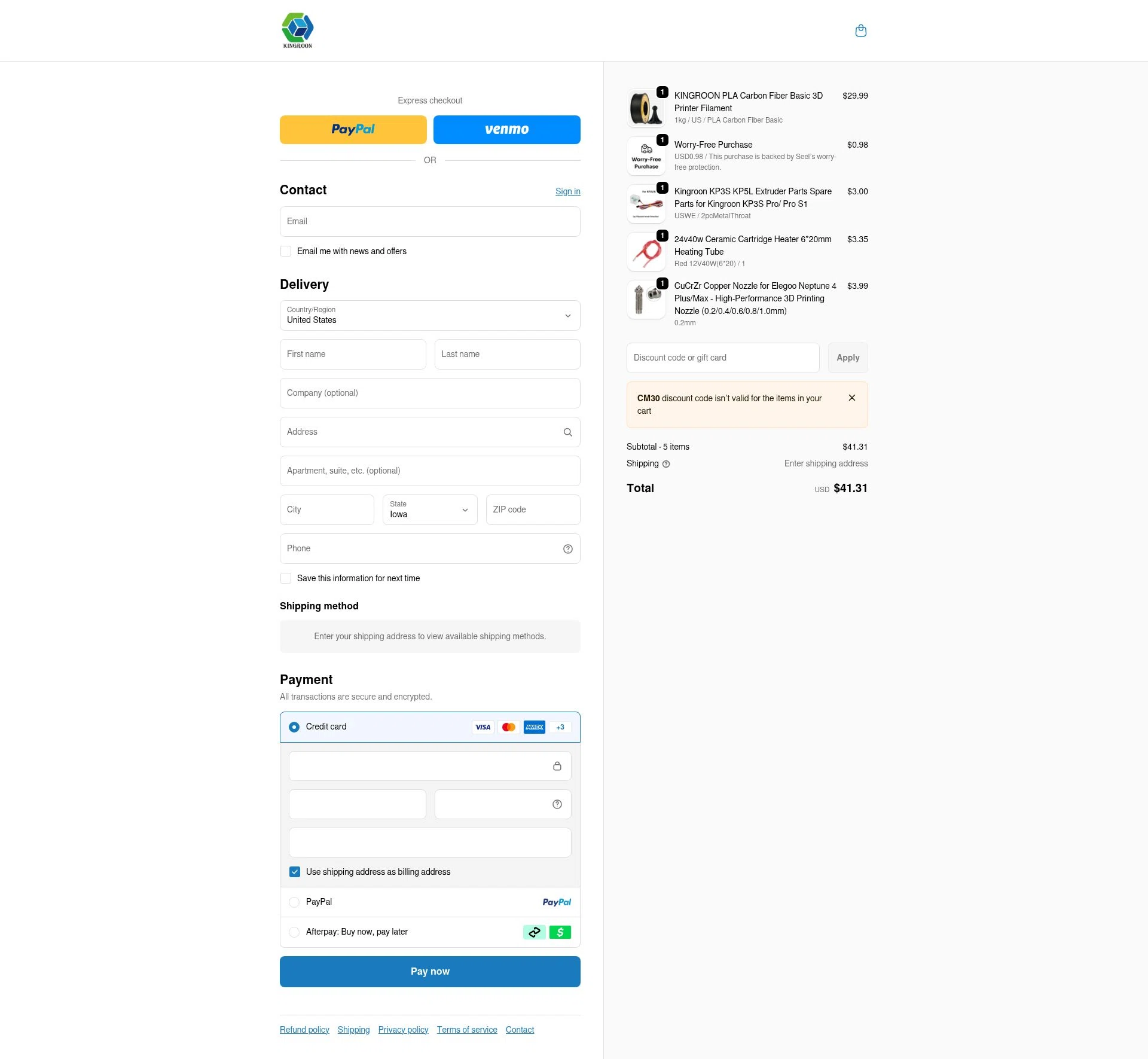 Kingroon 3D checkout page showing Kingroon 3D promo code box | Screenshot taken by SimplyCodes community member on Jan 2, 2026