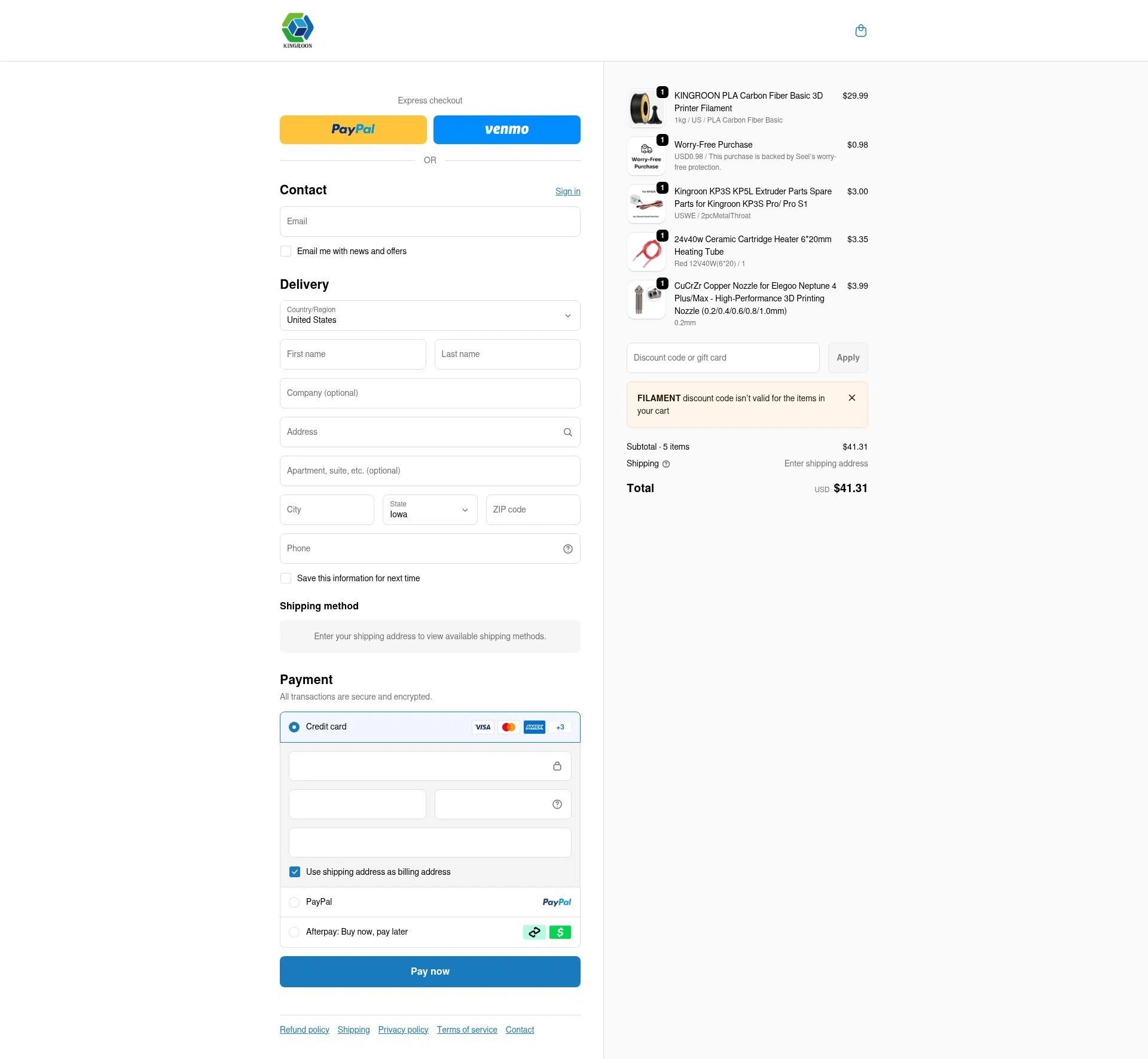 Kingroon 3D checkout page showing Kingroon 3D promo code box | Screenshot taken by SimplyCodes community member on Jan 2, 2026