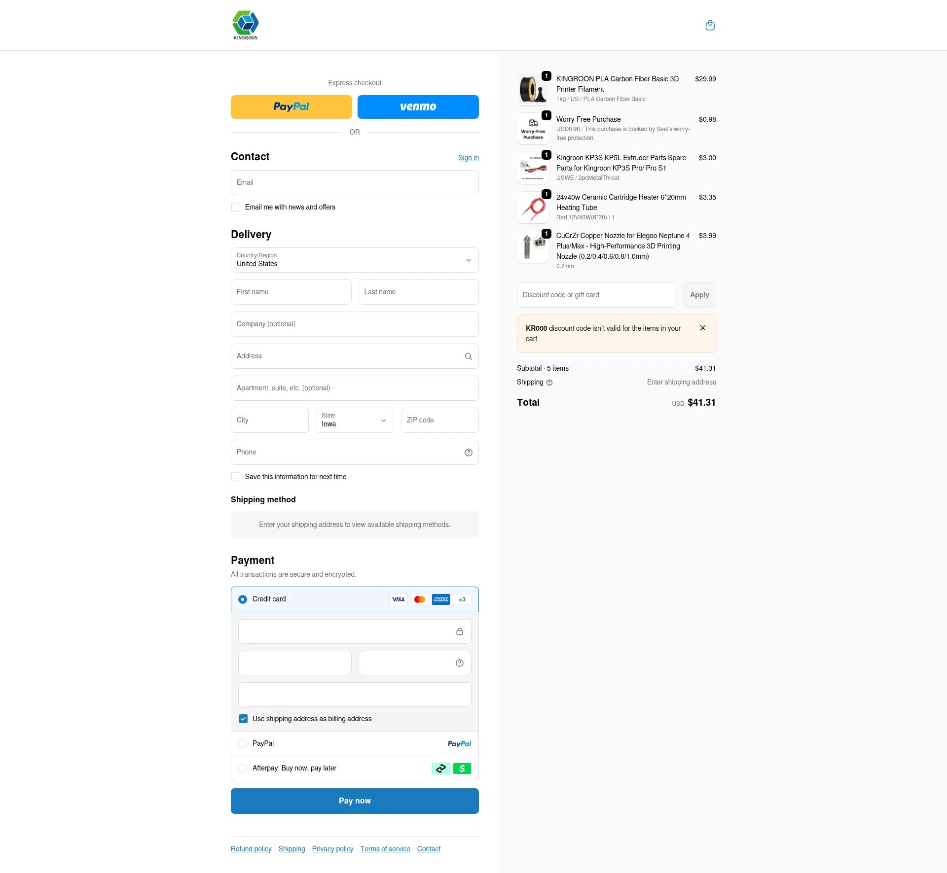 Kingroon 3D checkout page showing Kingroon 3D promo code box | Screenshot taken by SimplyCodes community member on Jan 2, 2026