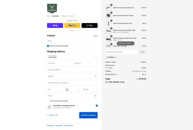 King's Camo checkout page showing King's Camo discount code box | Screenshot taken by SimplyCodes community member on Sep 4, 2025