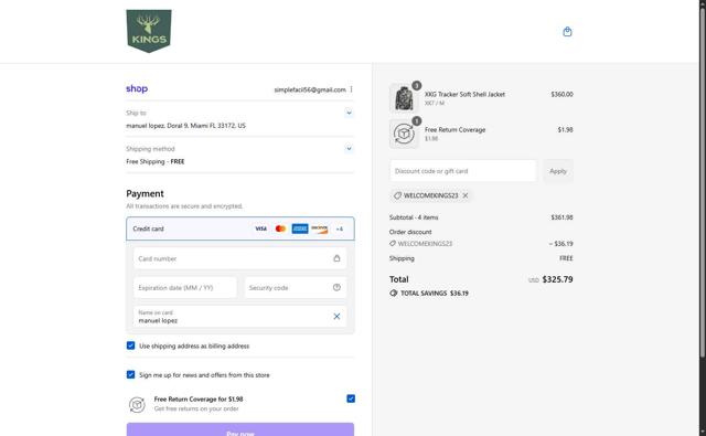 King's Camo checkout page showing King's Camo discount code box | Screenshot taken by SimplyCodes community member on Sep 6, 2025