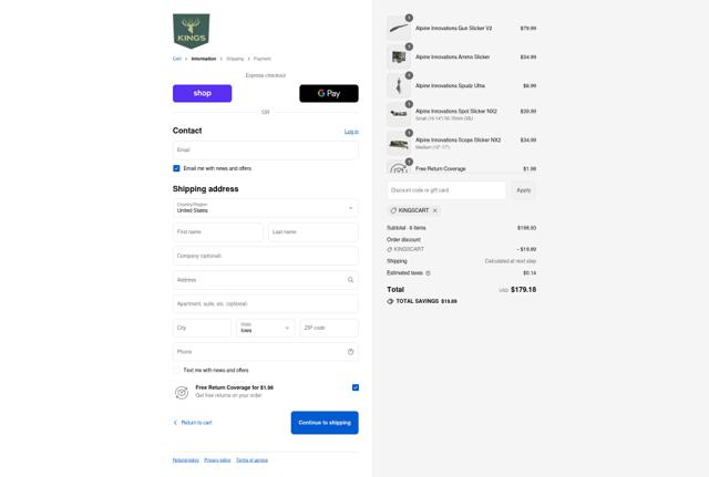 King's Camo checkout page showing King's Camo discount code box | Screenshot taken by SimplyCodes community member on Sep 8, 2025