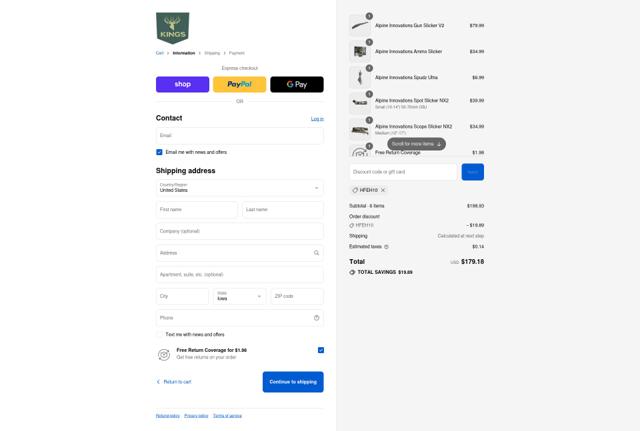 King's Camo checkout page showing King's Camo discount code box | Screenshot taken by SimplyCodes community member on Sep 4, 2025