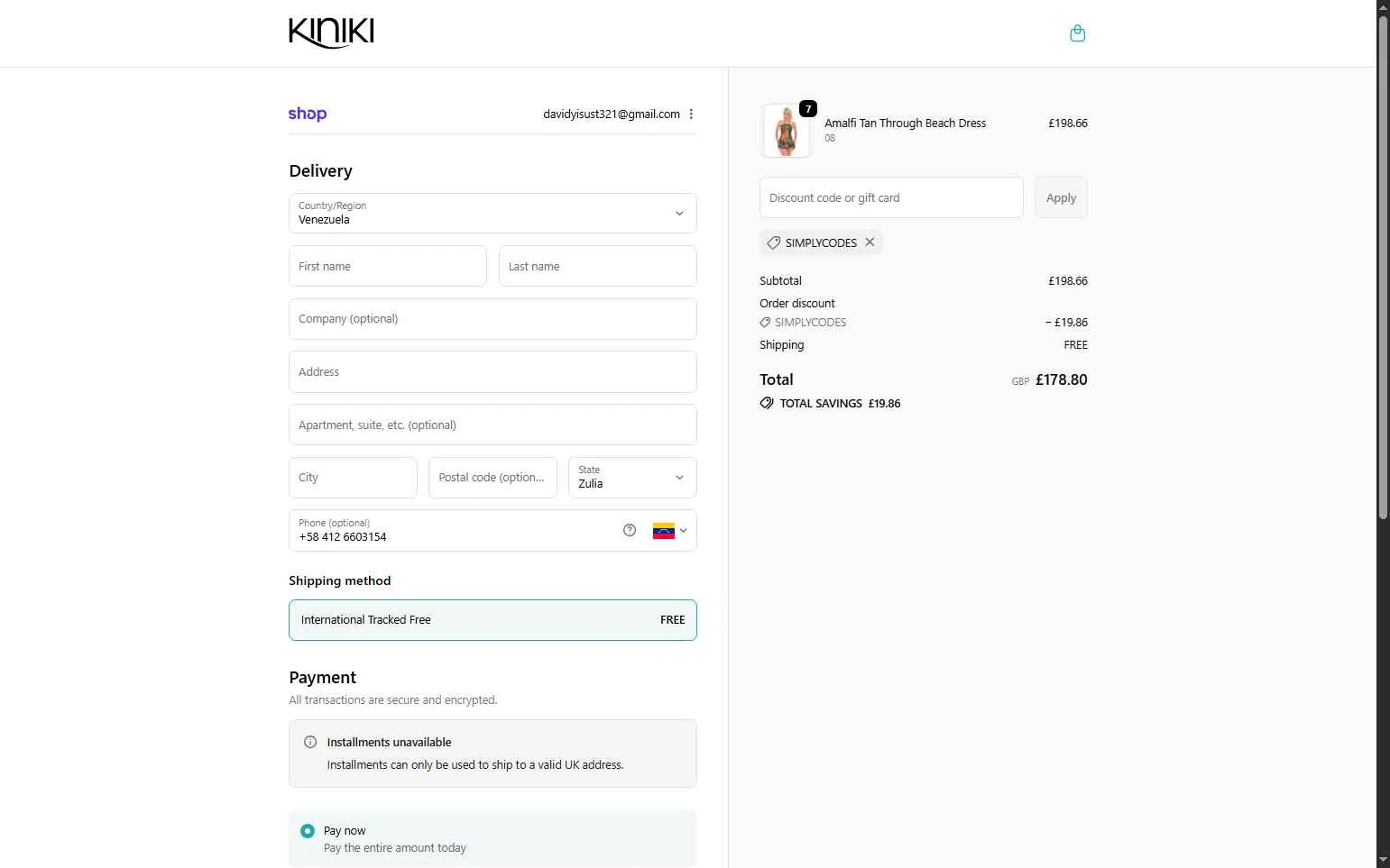 Kiniki checkout page showing Kiniki promo code box | Screenshot taken by SimplyCodes community member on Feb 18, 2026