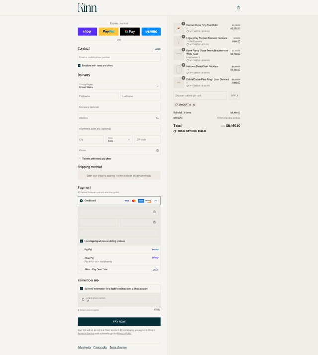 Kinn Studio checkout page showing Kinn Studio discount code box | Screenshot taken by SimplyCodes community member on Sep 2, 2025