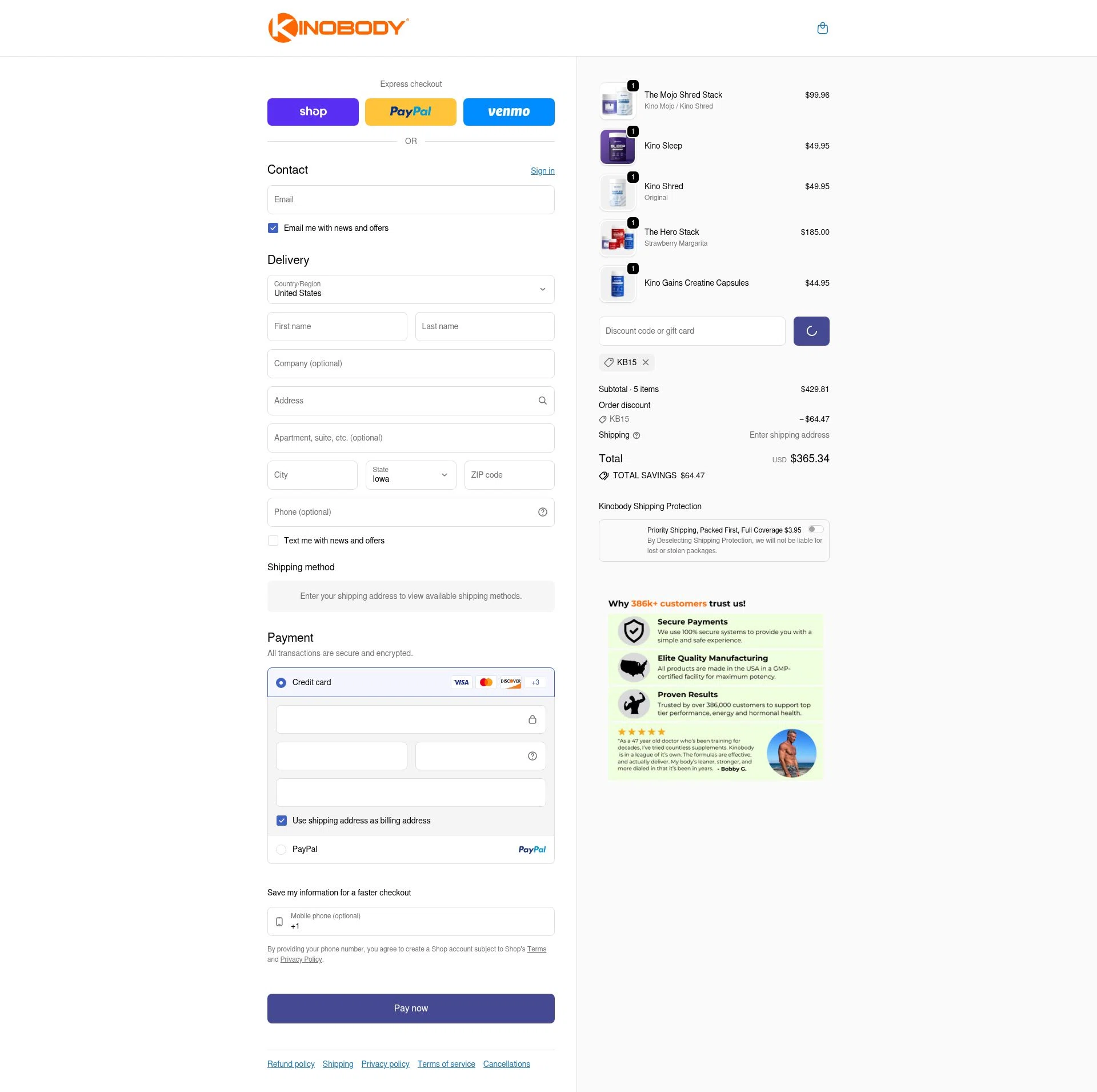 Kinobody checkout page showing Kinobody discount code box | Screenshot taken by SimplyCodes community member on Feb 9, 2026