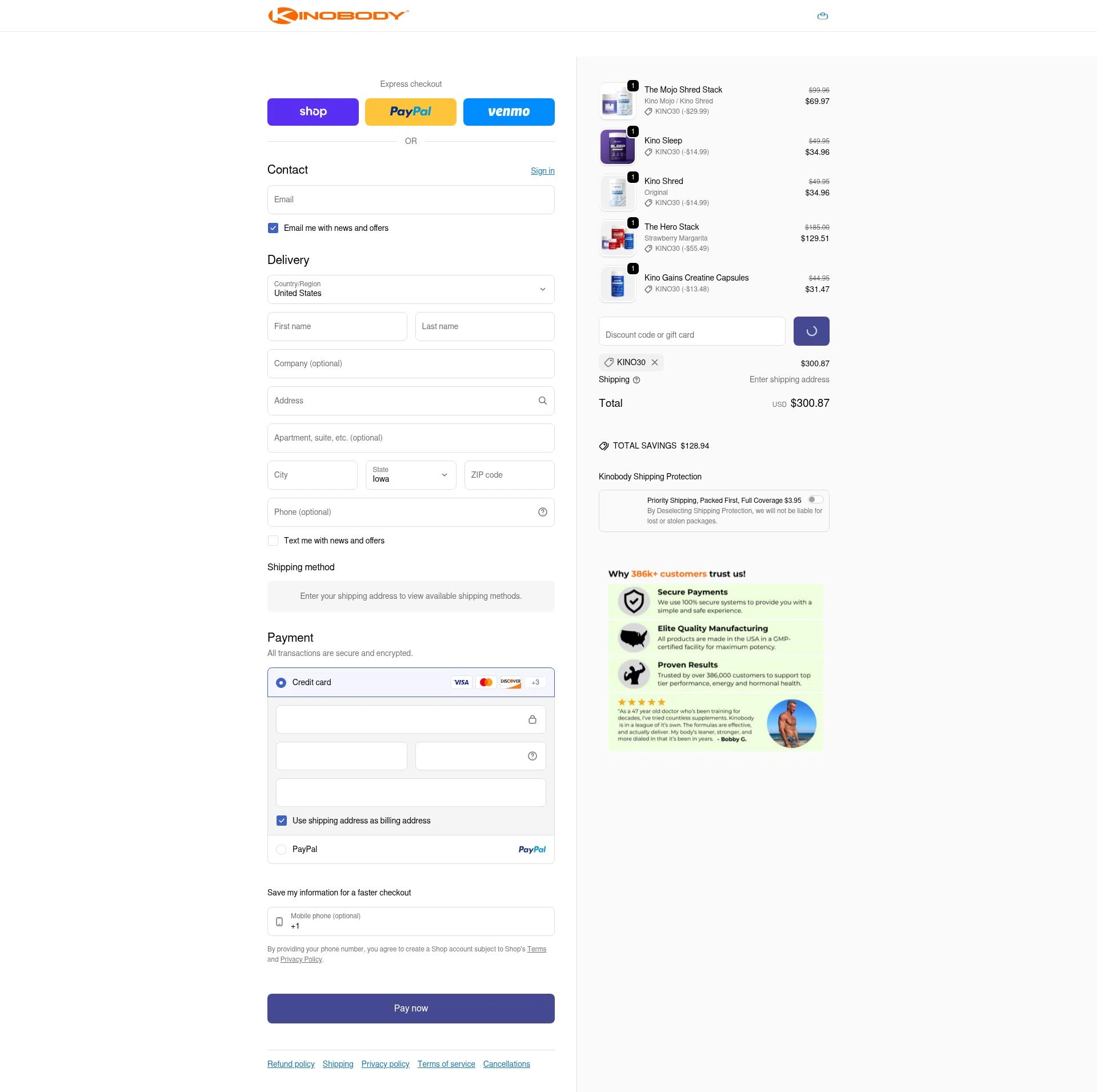 Kinobody checkout page showing Kinobody discount code box | Screenshot taken by SimplyCodes community member on Feb 9, 2026