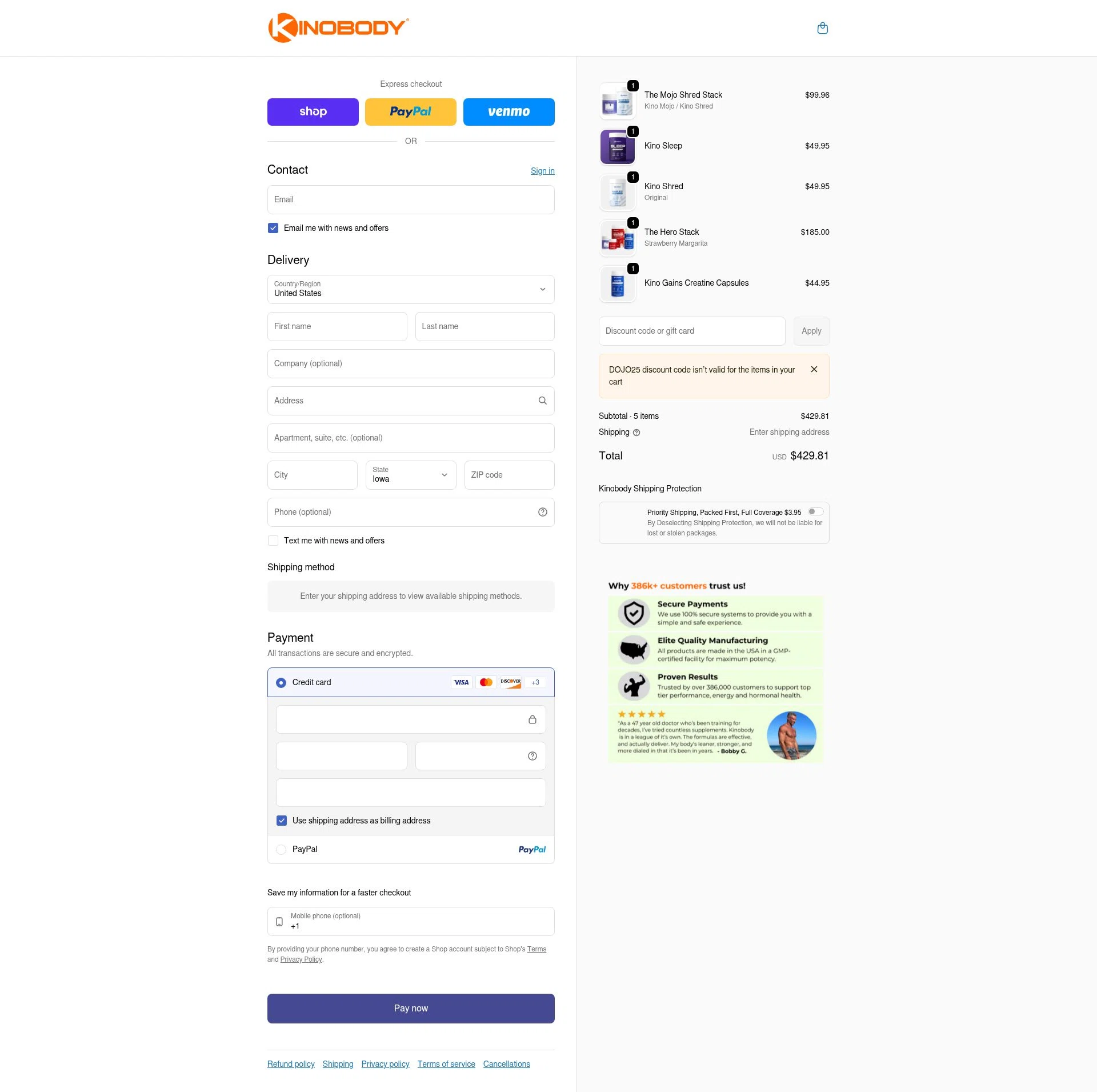 Kinobody checkout page showing Kinobody discount code box | Screenshot taken by SimplyCodes community member on Feb 9, 2026
