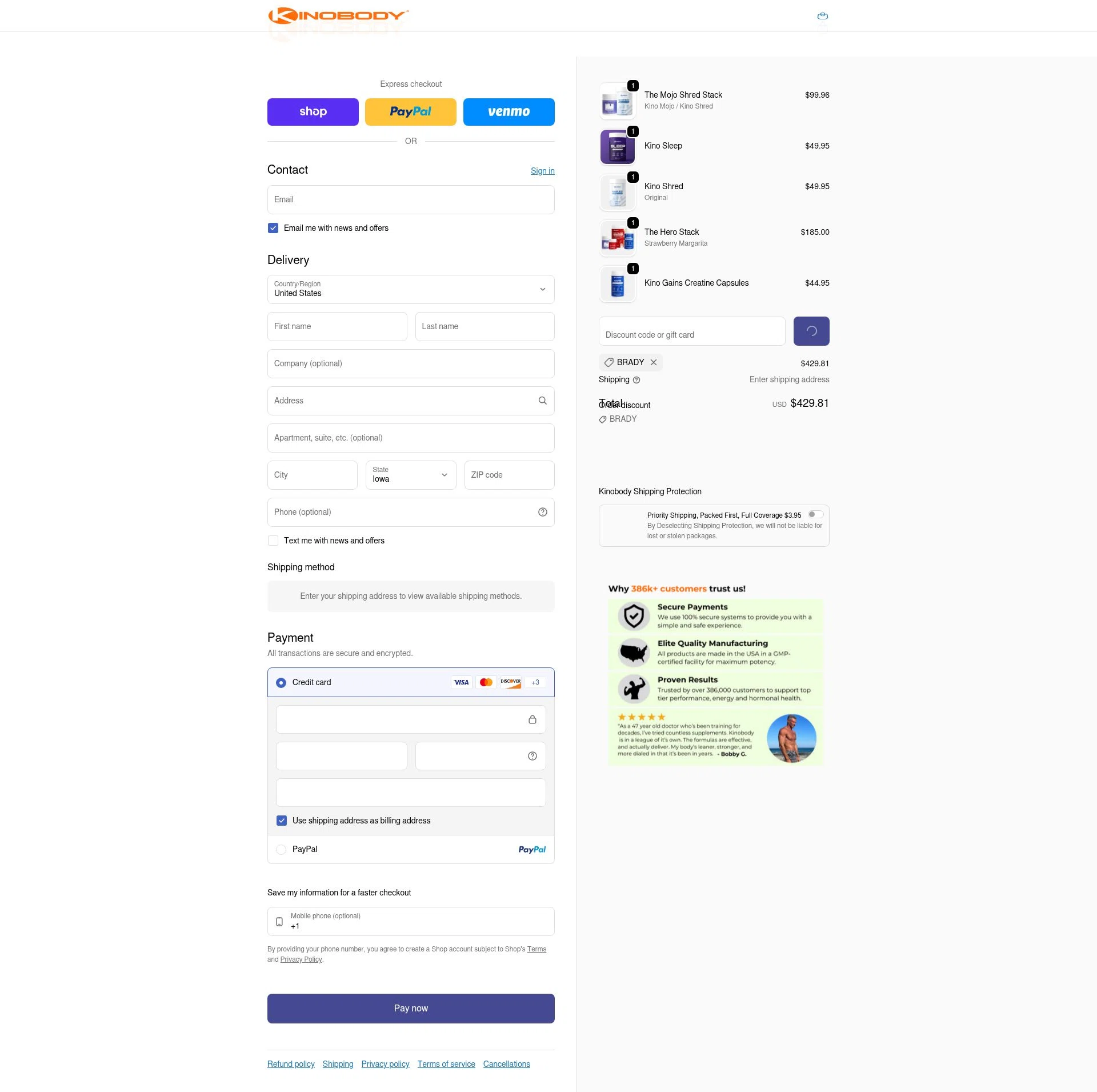 Kinobody checkout page showing Kinobody discount code box | Screenshot taken by SimplyCodes community member on Feb 9, 2026