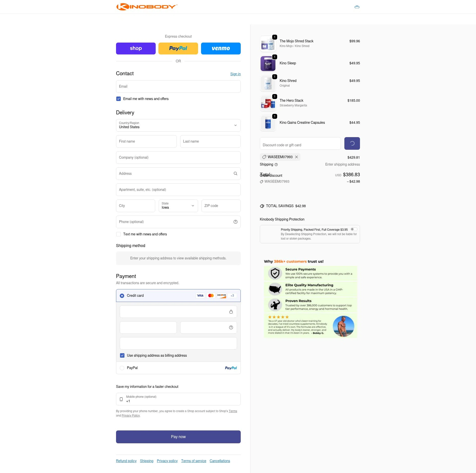 Kinobody checkout page showing Kinobody discount code box | Screenshot taken by SimplyCodes community member on Feb 9, 2026