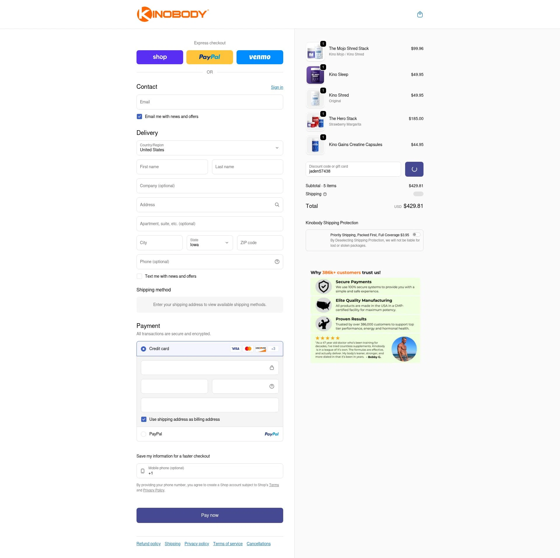 Kinobody checkout page showing Kinobody discount code box | Screenshot taken by SimplyCodes community member on Feb 9, 2026