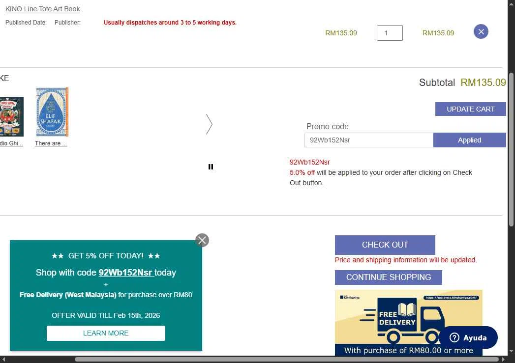 Kinokuniya checkout page showing Kinokuniya promo code box | Screenshot taken by SimplyCodes community member on Feb 12, 2026