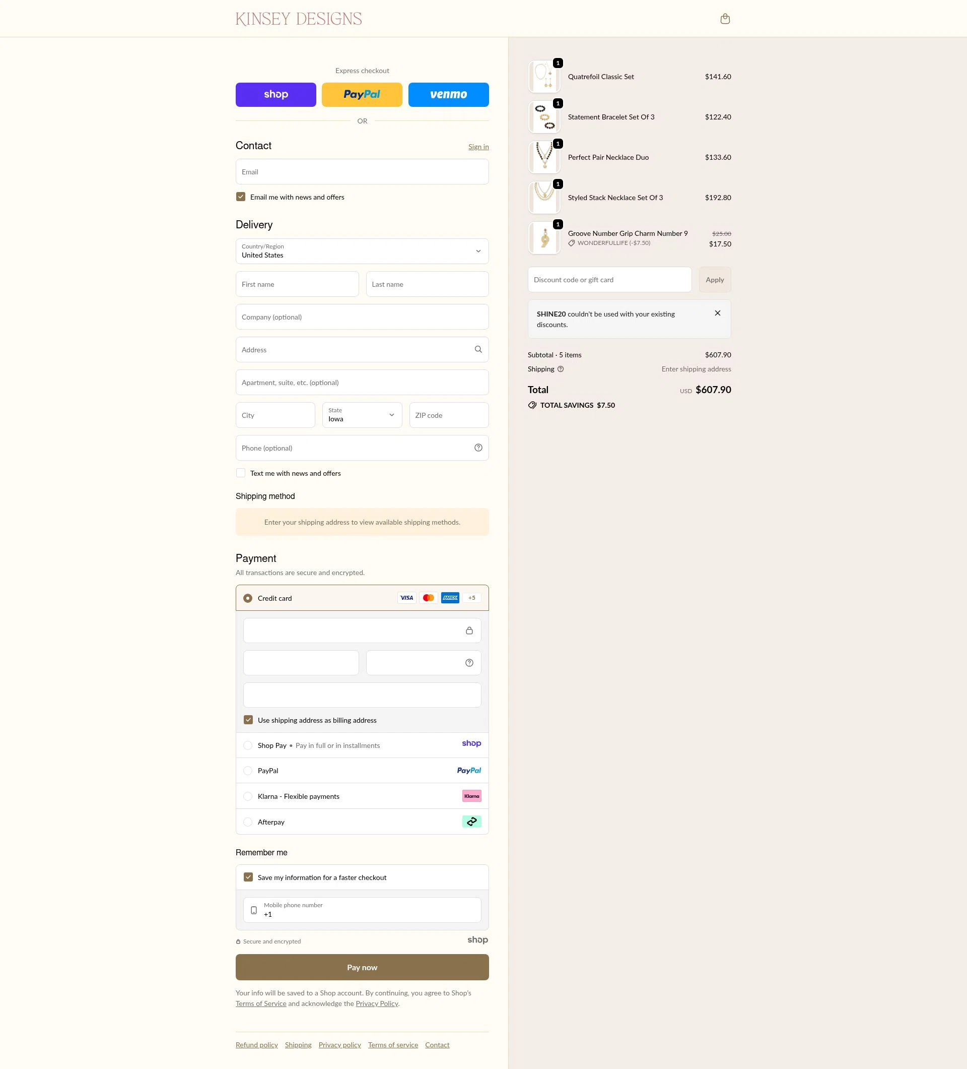 Kinsey Designs checkout page showing Kinsey Designs promo code box | Screenshot taken by SimplyCodes community member on Dec 23, 2025