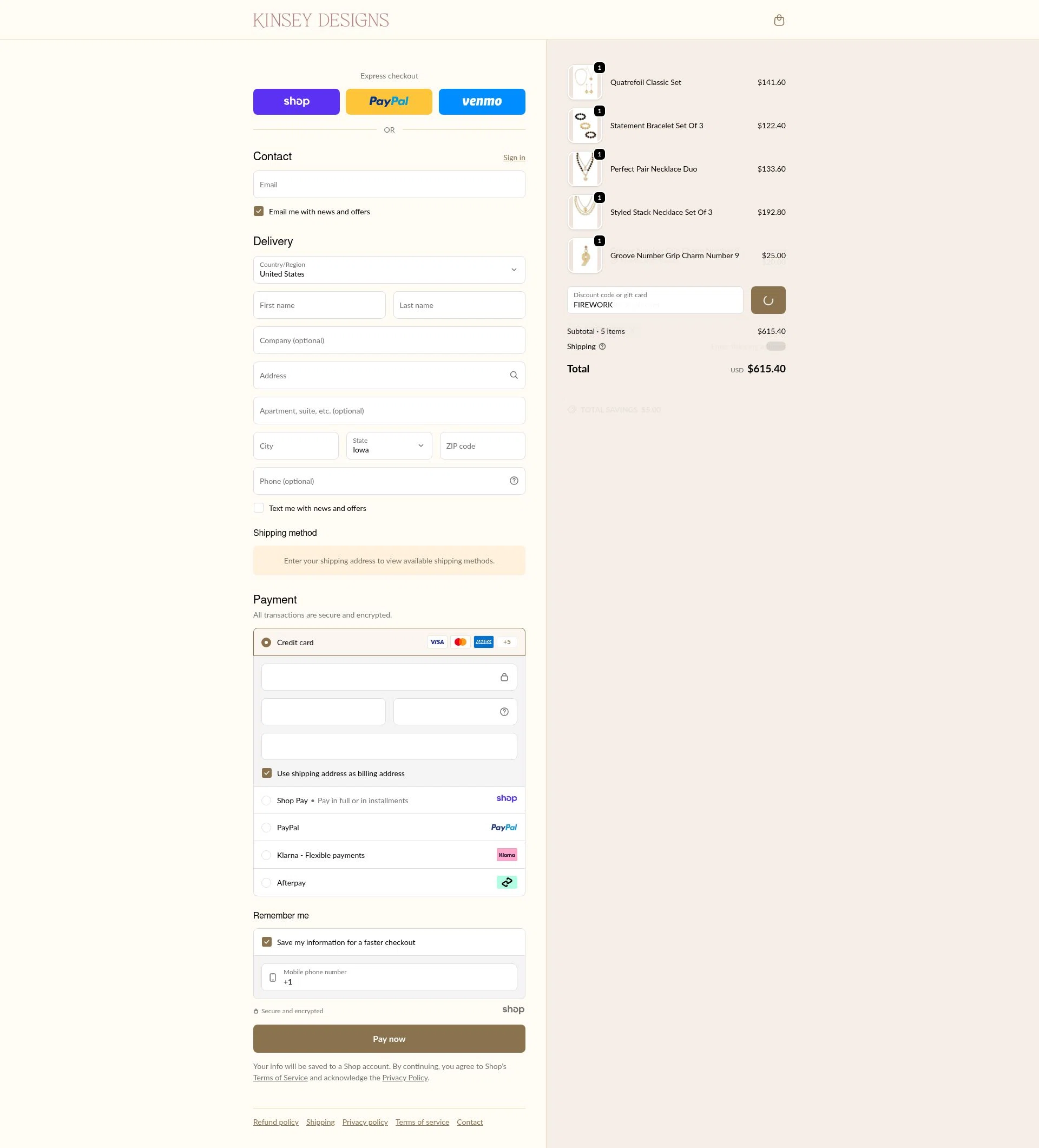 Kinsey Designs checkout page showing Kinsey Designs promo code box | Screenshot taken by SimplyCodes community member on Dec 28, 2025