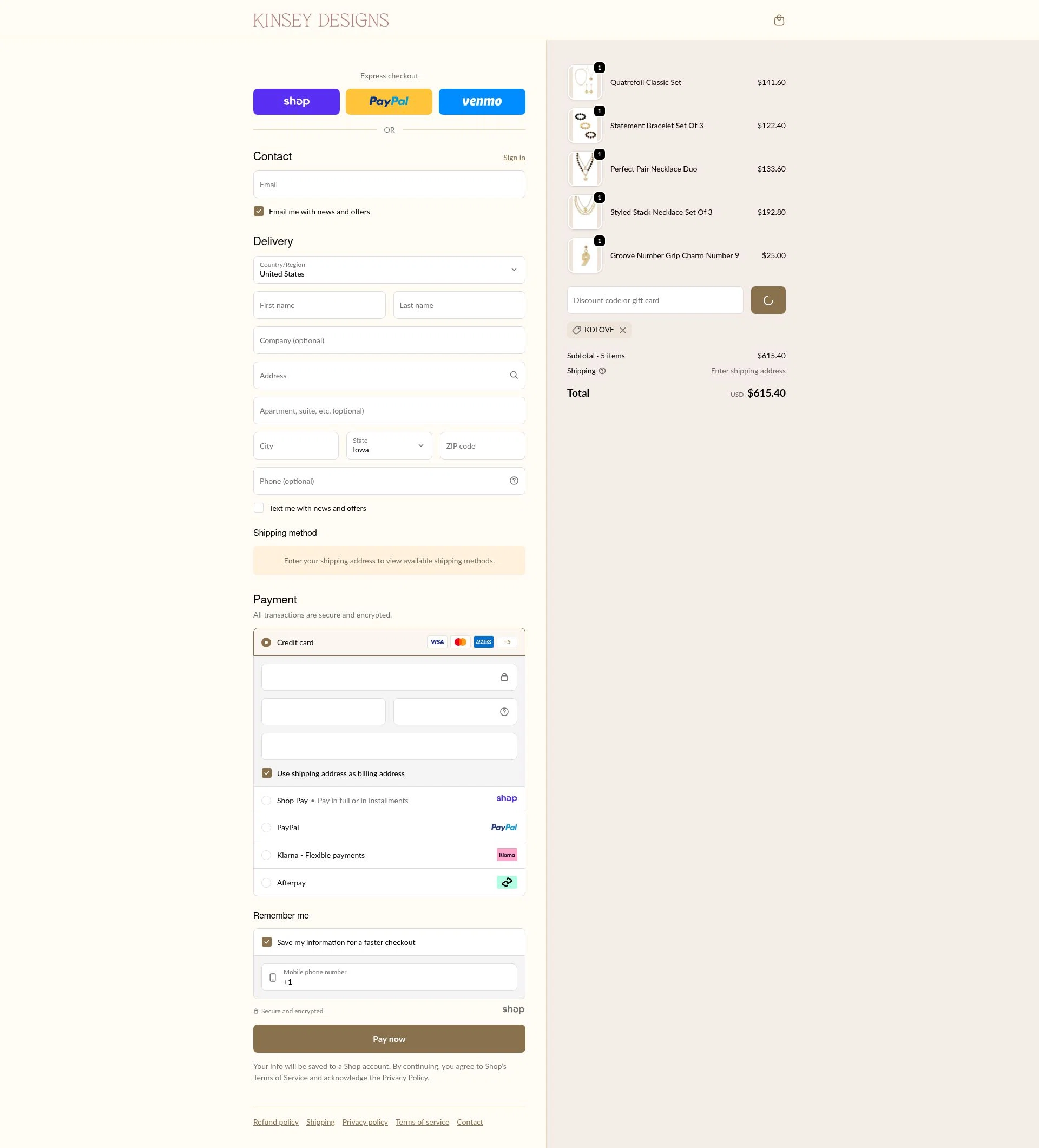 Kinsey Designs checkout page showing Kinsey Designs promo code box | Screenshot taken by SimplyCodes community member on Dec 28, 2025