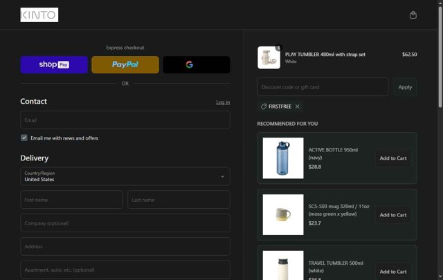 KINTO checkout page showing KINTO discount code box | Screenshot taken by SimplyCodes community member on May 6, 2025