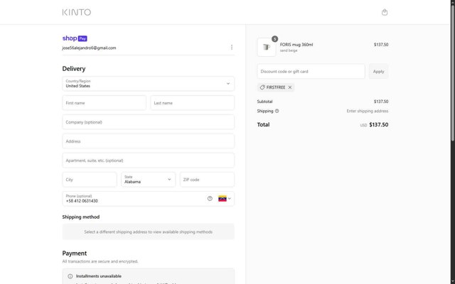 KINTO checkout page showing KINTO discount code box | Screenshot taken by SimplyCodes community member on May 6, 2025