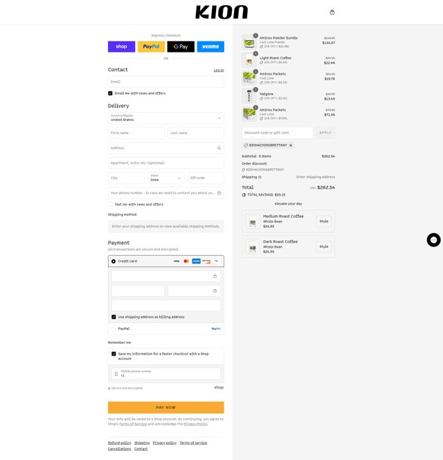 Kion checkout page showing Kion discount code box | Screenshot taken by SimplyCodes community member on Sep 7, 2025