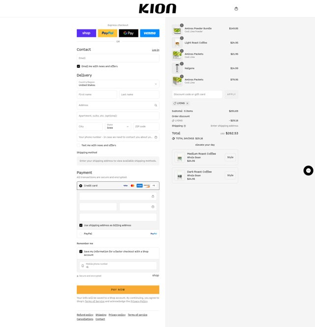 Kion checkout page showing Kion discount code box | Screenshot taken by SimplyCodes community member on Sep 7, 2025