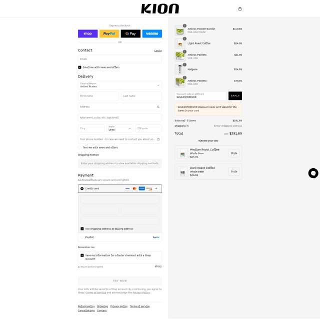 Kion checkout page showing Kion discount code box | Screenshot taken by SimplyCodes community member on Sep 7, 2025