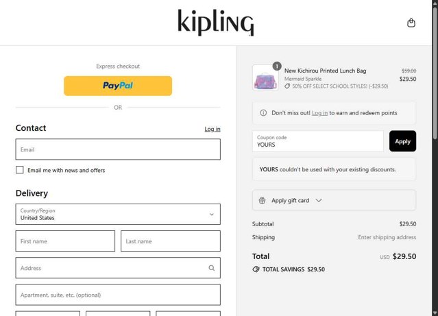 Kipling checkout page showing Kipling discount code box | Screenshot taken by SimplyCodes community member on Aug 13, 2025