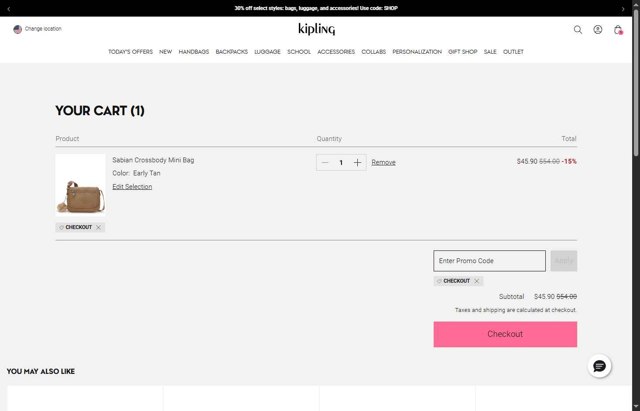 Kipling checkout page showing Kipling discount code box | Screenshot taken by SimplyCodes community member on Aug 10, 2025