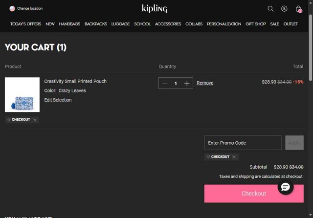 Kipling checkout page showing Kipling discount code box | Screenshot taken by SimplyCodes community member on Aug 26, 2025