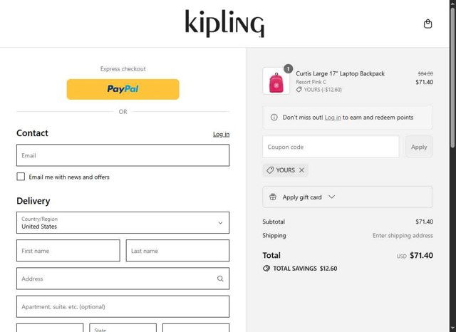 Kipling checkout page showing Kipling discount code box | Screenshot taken by SimplyCodes community member on Sep 4, 2025