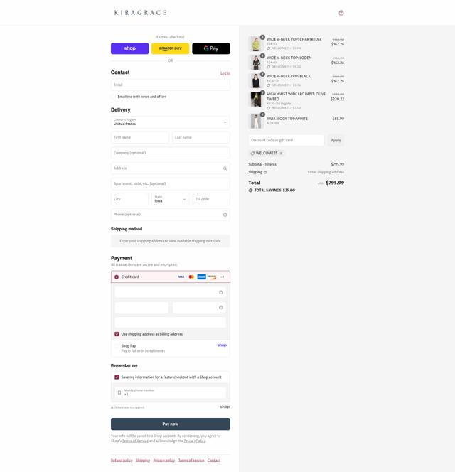 KiraGrace checkout page showing KiraGrace coupon code box | Screenshot taken by SimplyCodes community member on Sep 6, 2025