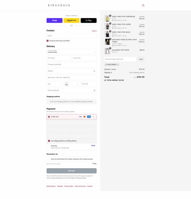 KiraGrace checkout page showing KiraGrace coupon code box | Screenshot taken by SimplyCodes community member on Sep 14, 2025