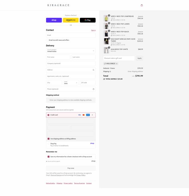 KiraGrace checkout page showing KiraGrace coupon code box | Screenshot taken by SimplyCodes community member on Sep 10, 2025