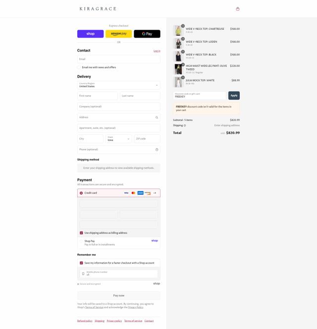KiraGrace checkout page showing KiraGrace coupon code box | Screenshot taken by SimplyCodes community member on Sep 6, 2025