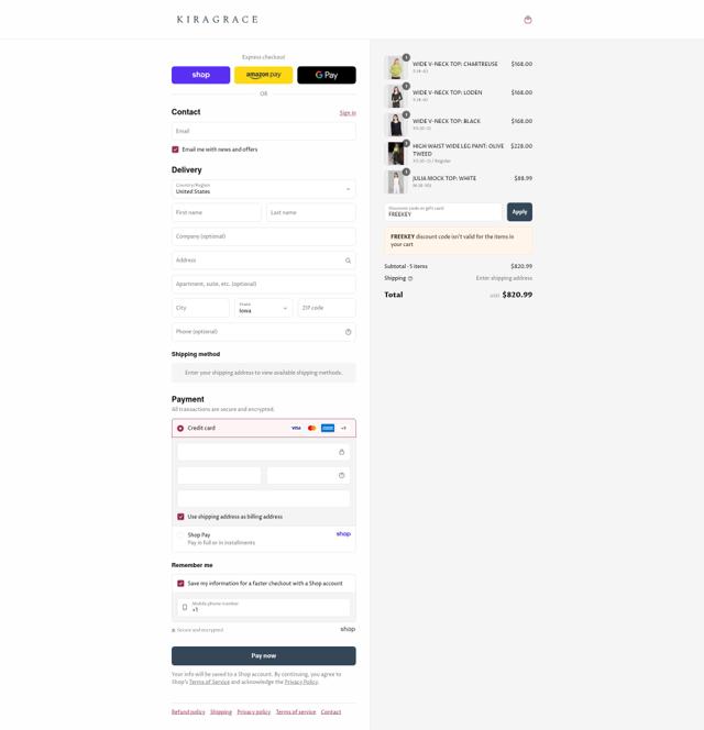 KiraGrace checkout page showing KiraGrace coupon code box | Screenshot taken by SimplyCodes community member on Sep 14, 2025