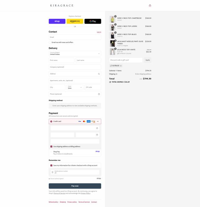 KiraGrace checkout page showing KiraGrace coupon code box | Screenshot taken by SimplyCodes community member on Sep 6, 2025