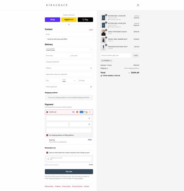 KiraGrace checkout page showing KiraGrace coupon code box | Screenshot taken by SimplyCodes community member on Sep 2, 2025
