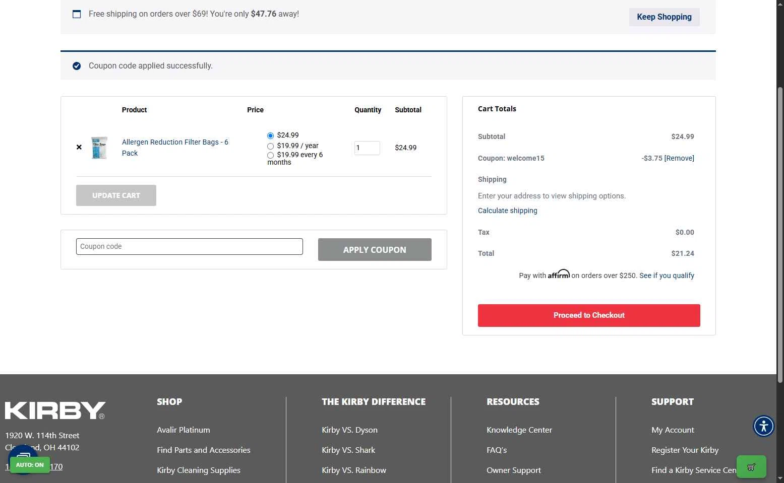 Kirby checkout page showing Kirby coupon code box | Screenshot taken by SimplyCodes community member on Oct 6, 2025