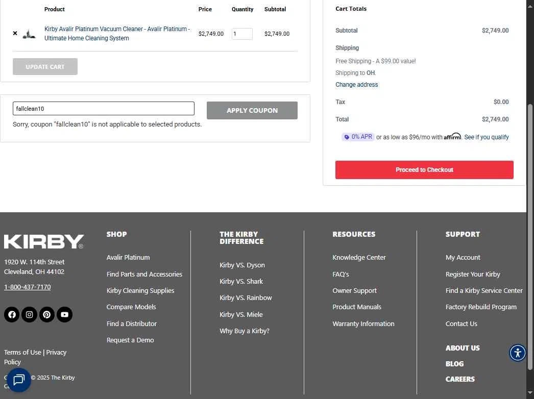 Kirby checkout page showing Kirby coupon code box | Screenshot taken by SimplyCodes community member on Sep 25, 2025