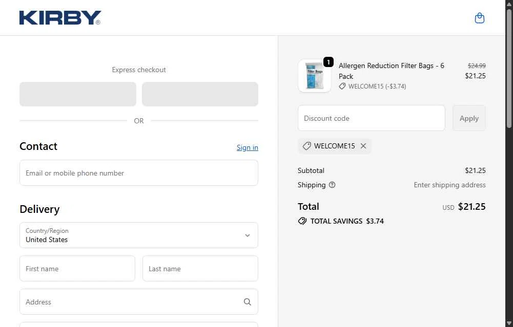 Kirby checkout page showing Kirby coupon code box | Screenshot taken by SimplyCodes community member on Dec 31, 2025