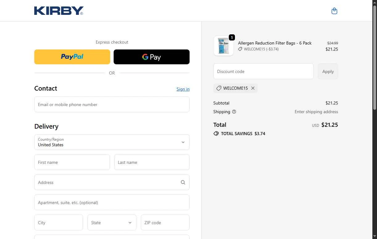 Kirby checkout page showing Kirby coupon code box | Screenshot taken by SimplyCodes community member on Jan 29, 2026