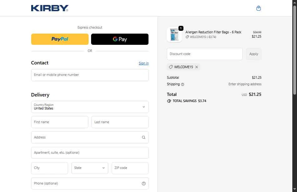 Kirby checkout page showing Kirby coupon code box | Screenshot taken by SimplyCodes community member on Dec 2, 2025